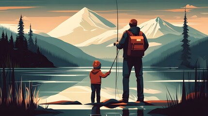 Father and child fishing in a mountain landscape.