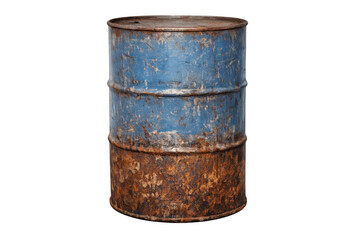 Naklejka premium Rusty blue metal drum showing corrosion and neglect, representing industrial waste and environmental pollution