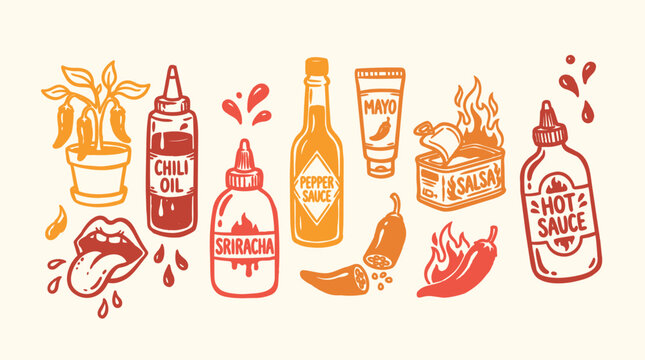 Hand drawn spicy sauce doodle set showing sriracha bottle hot sauce chili plant and dripping tongue in warm palette flat design vector