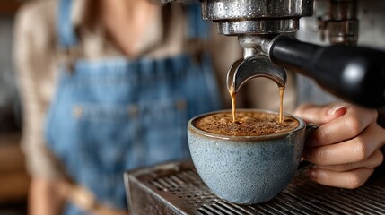 A barista in a blue apron is pulling the first espresso shot on a new professional machine in a bright