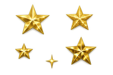 Obraz premium Golden stars set with shiny glitter and metallic texture, symbolizing quality, achievement, and christmas celebration, on transparent background