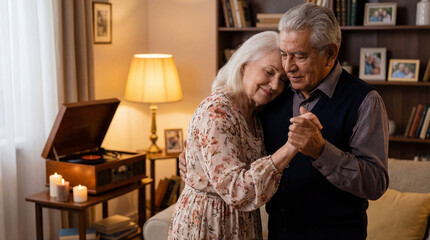 Valentine's Day elderly couple dancing home candles music celebrating enduring love romance for lifestyle insurance retirement advertising