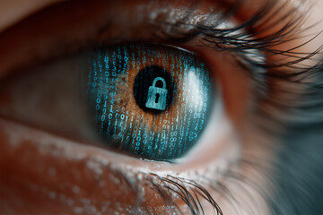 Close up of human eye shows security padlock and binary code. Cyber protection data concept. Biometric scanning illustration about digital identity, access and privacy