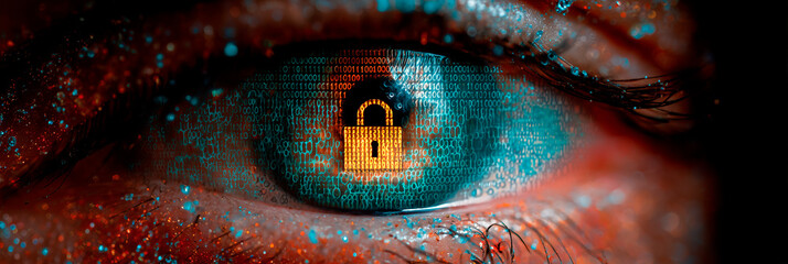 Close up of human eye shows security padlock and binary code. Cyber protection data concept. Biometric scanning illustration about digital identity, access and privacy