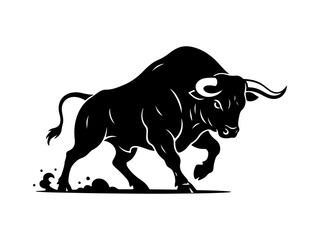 Powerful angry bull silhouette with horns in aggressive charging pose. 