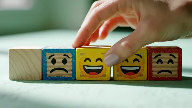 Changing Emotions: Hand Swapping Sad to Happy Emoji Block, Promoting Mental Health Awareness and Emotional Well-being for a Positive Outlook.