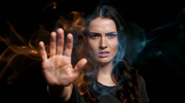 Strong Woman with Stop Gesture Fights Negative Energy and Stress, Empowering Mental Health Awareness and Personal Boundaries, Promoting Well-being.