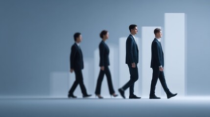Professionals Advancing in Growth Concept Illustration with Stylized Columns Representing Progress and Success in Business Development Journey