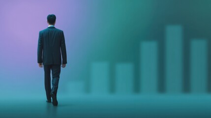 Fototapeta premium Businessman Walking Towards Growth Graph in a Professional Setting with Abstract Background in Cool Tones Illustrating Financial Progress and Success