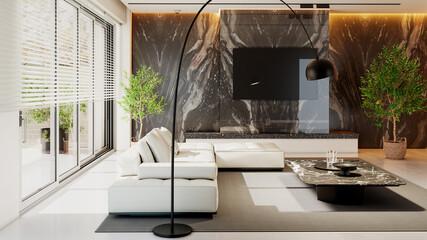 Large luxury modern bright interiors Living room mockup illustration 3D rendering Digitally Generated Image