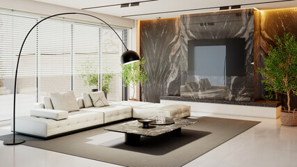 Large luxury modern bright interiors Living room mockup illustration 3D rendering Digitally Generated Image