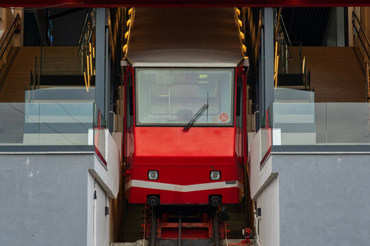 Artxanda funicular cable railway train stopped at the station, a classic transport landmark of the city