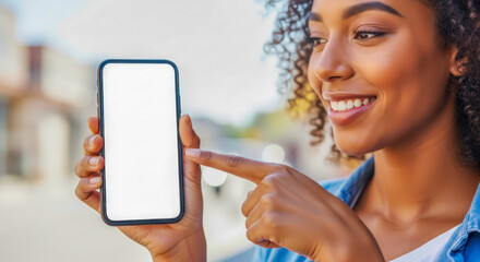 Smiling young woman holding a smartphone with a blank white screen, pointing at the display. Outdoors background, mockup for app or website promotion