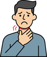 Obraz premium Vector flat line illustration of a man suffering from a sore throat, clutching his inflamed neck with a sad expression and red pain indicators.