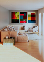 Large luxury modern bright interiors Living room mockup illustration 3D rendering Digitally Generated Image