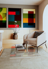 Large luxury modern bright interiors Living room mockup illustration 3D rendering Digitally Generated Image