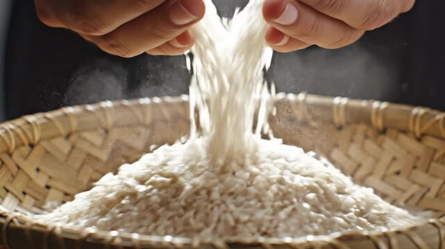 Cinematic 4K Slow Motion of Hands Pouring Rice Grains into a Woven Basket, Symbolizing Zakat al-Fitr Charity during Ramadhan