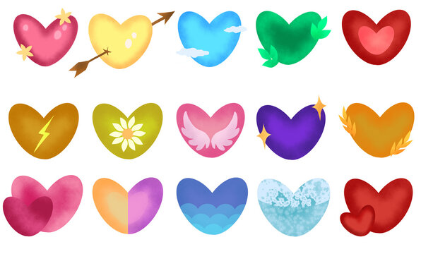 Set of various art hearts