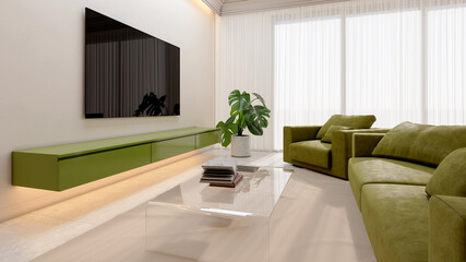 Large luxury modern bright interiors Living room mockup illustration 3D rendering Digitally Generated Image