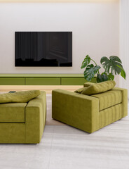 Large luxury modern bright interiors Living room mockup illustration 3D rendering Digitally Generated Image