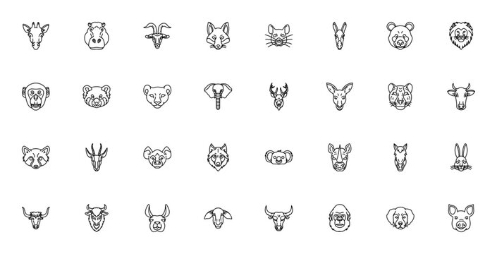 Animal Faces icon set. Minimalist vector illustrations of Giraffe, Hippopotamus, Fox, Lion, Elephant, Deer, Wolf, Koala, Horse, Rabbit, Dog and more wildlife.