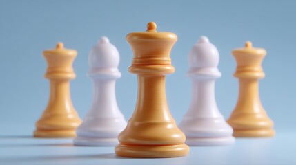 Elegant Chess Pieces with a Focus on the Golden King Surrounded by White Pieces on a Light Blue Background