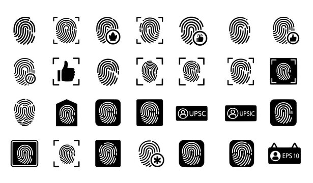 Fingerprint icon set with biometric security and authentication symbols vector