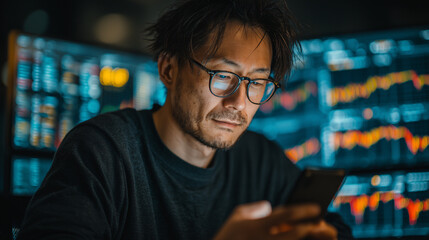 Japanese investor analyzing financial data on smartphone with stock charts