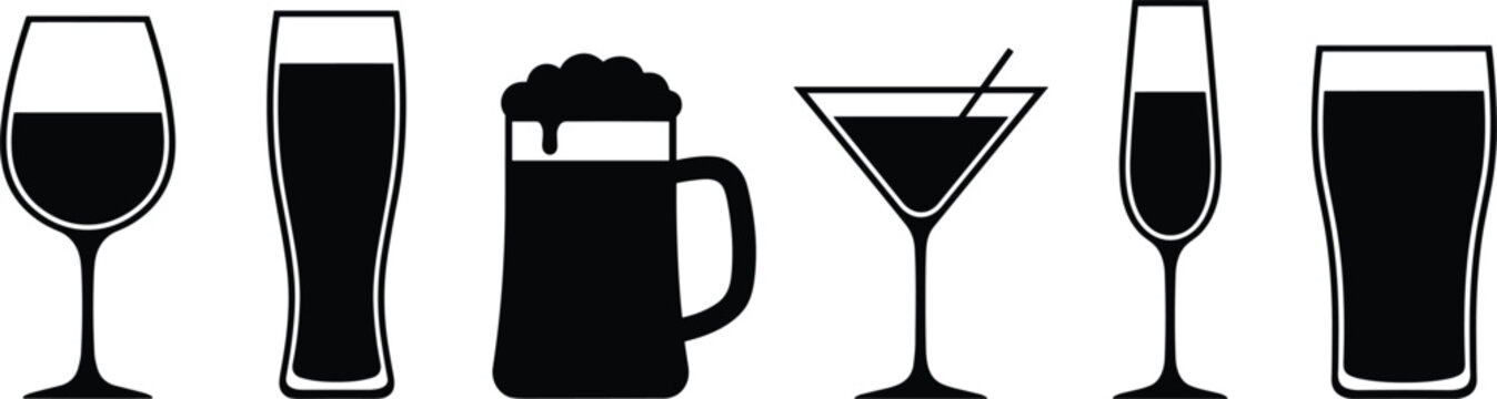 Set of alcoholic beverage glass silhouettes including wine beer mug cocktail martini and champagne flute for bar and restaurant.