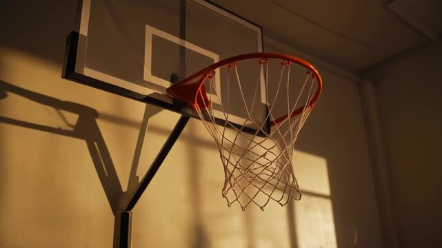 Basketball hoop in golden sunlight, court indoors.