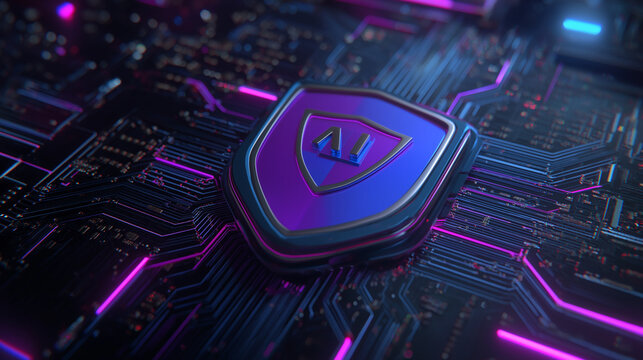 A futuristic purple and blue shield with AI on it sits glowing, symbolizing artificial intelligence protection, cybersecurity, data safety, and trust.