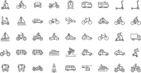 Transportation outline icons set featuring cars bikes scooters trains boats planes urban travel mobility vector illustration design © V Stock