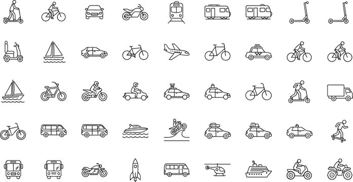 Transportation outline icons set featuring cars bikes scooters trains boats planes urban travel mobility vector illustration design