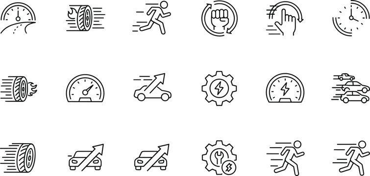 Speed performance line icon set with running acceleration dashboard gauge fast delivery motion symbols outline vector