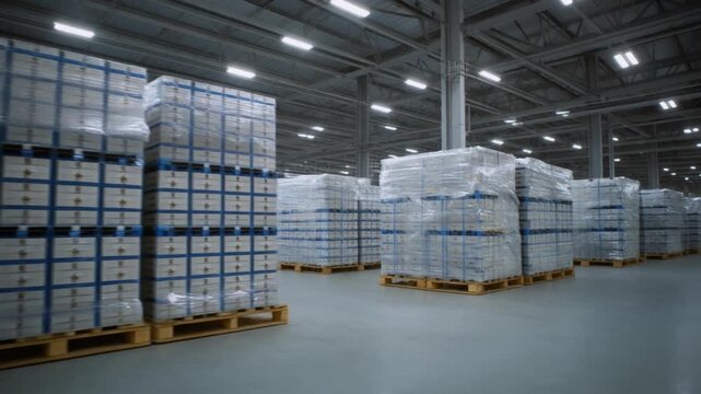 Rows of stacked pallets with ev battery system components in a large industrial warehouse with gray floors and overhead lighting.