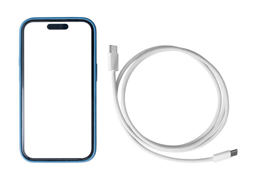 Smartphone mockup with USB charging cable isolated on transparent background.