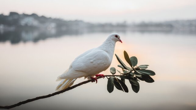superego. White dove perched on olive branch against calm lake at dawn. wildlife magazines, conservation campaigns, designed for wildlife conservation campaigns, used by retail merchandisers.
