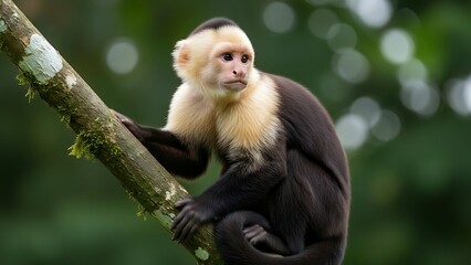 Naklejka premium baby squirrel monkey on tree branch in jungle