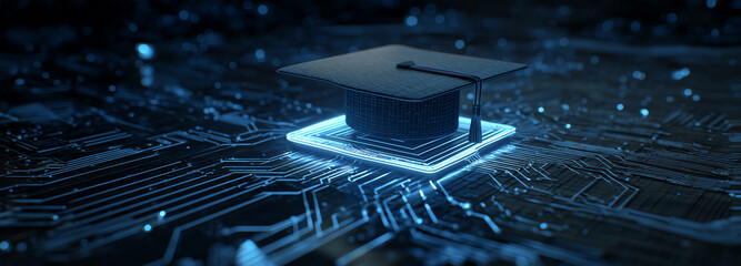 A graduation cap sits atop a glowing CPU set against a dark scene, symbolizing education, technology mastery, innovation, and future.