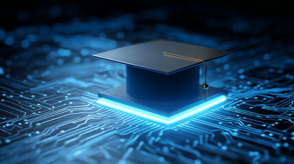 A graduation cap sits atop a glowing CPU set against a dark scene, symbolizing education, technology mastery, innovation, and future.