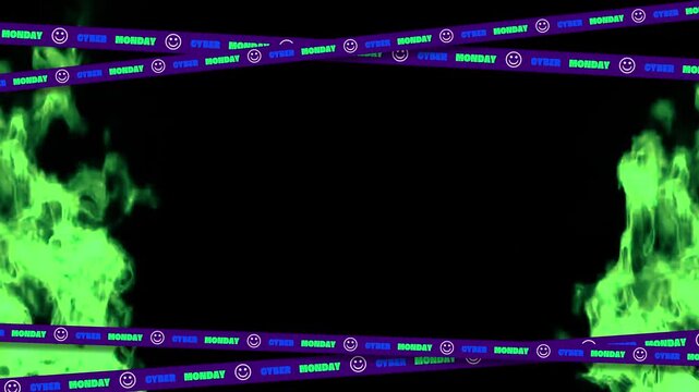 Cyber Monday text on moving purple caution tapes with green fire flames and smiley face icons in a seamless loop on black background.