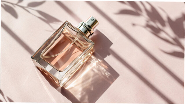 Luxury glass perfume bottle on pink background with aesthetic window shadows