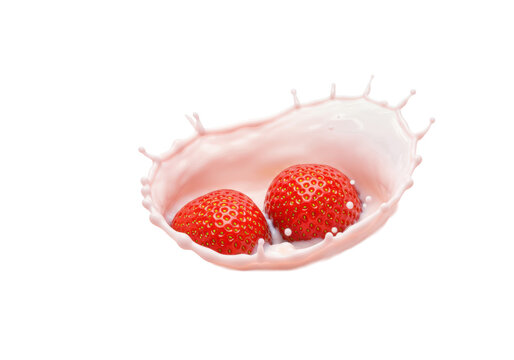 Two vibrant red strawberries with green calyxes plunge into creamy pink milk, creating a perfect crown splash, frozen mid-air on a white background with copy space, concept for food advertising