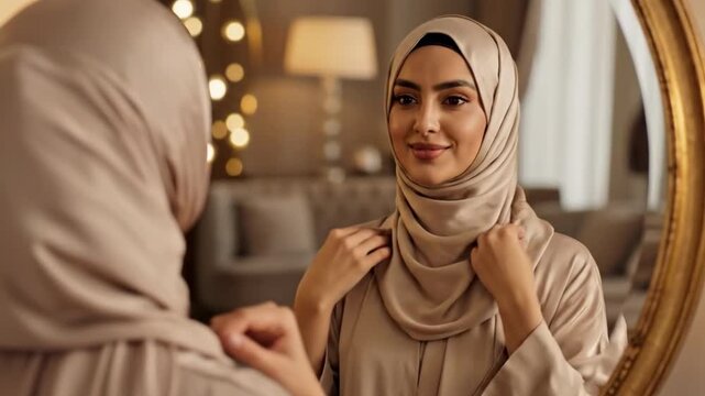 Elegant 4K Slow Motion of a Young Muslim Woman Adjusting Hijab and Smiling in Golden Mirror, Ramadhan Preparation