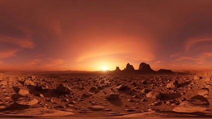Fototapeta premium Sunset and sunrise over a desert landscape with mountains and orange clouds
