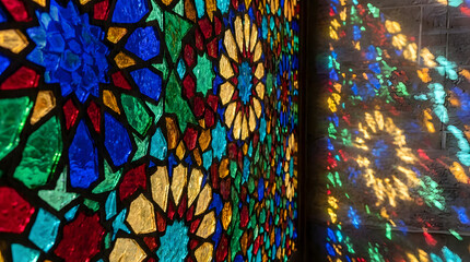 Close-up side view of a vibrant stained glass window with geometric patterns. Sunlight casts beautiful, colorful reflections onto the adjacent textured gray brick wall.