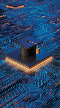A graduation cap sits atop a glowing CPU set against a dark scene, symbolizing education, technology mastery, innovation, and future.