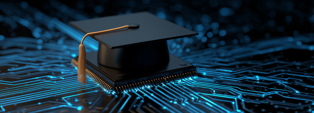 A graduation cap sits atop a glowing CPU set against a dark scene, symbolizing education, technology mastery, innovation, and future.