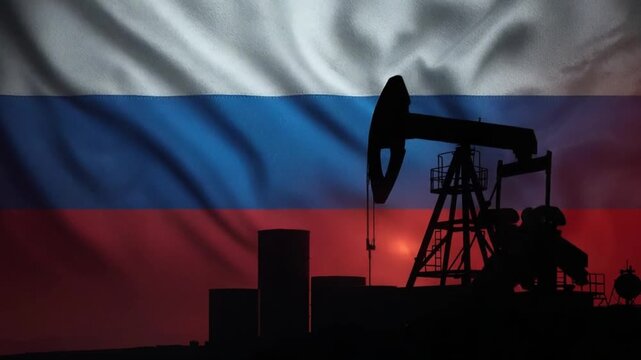 Petroleum Pumpjack with Russian Flag Oil Industry Background
