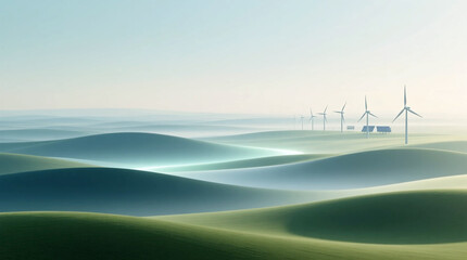 Sustainable energy transition concept wind power renewable infrastructure on abstract misty rolling green landscape illustrating clean low-carbon strategy and forward-looking vision